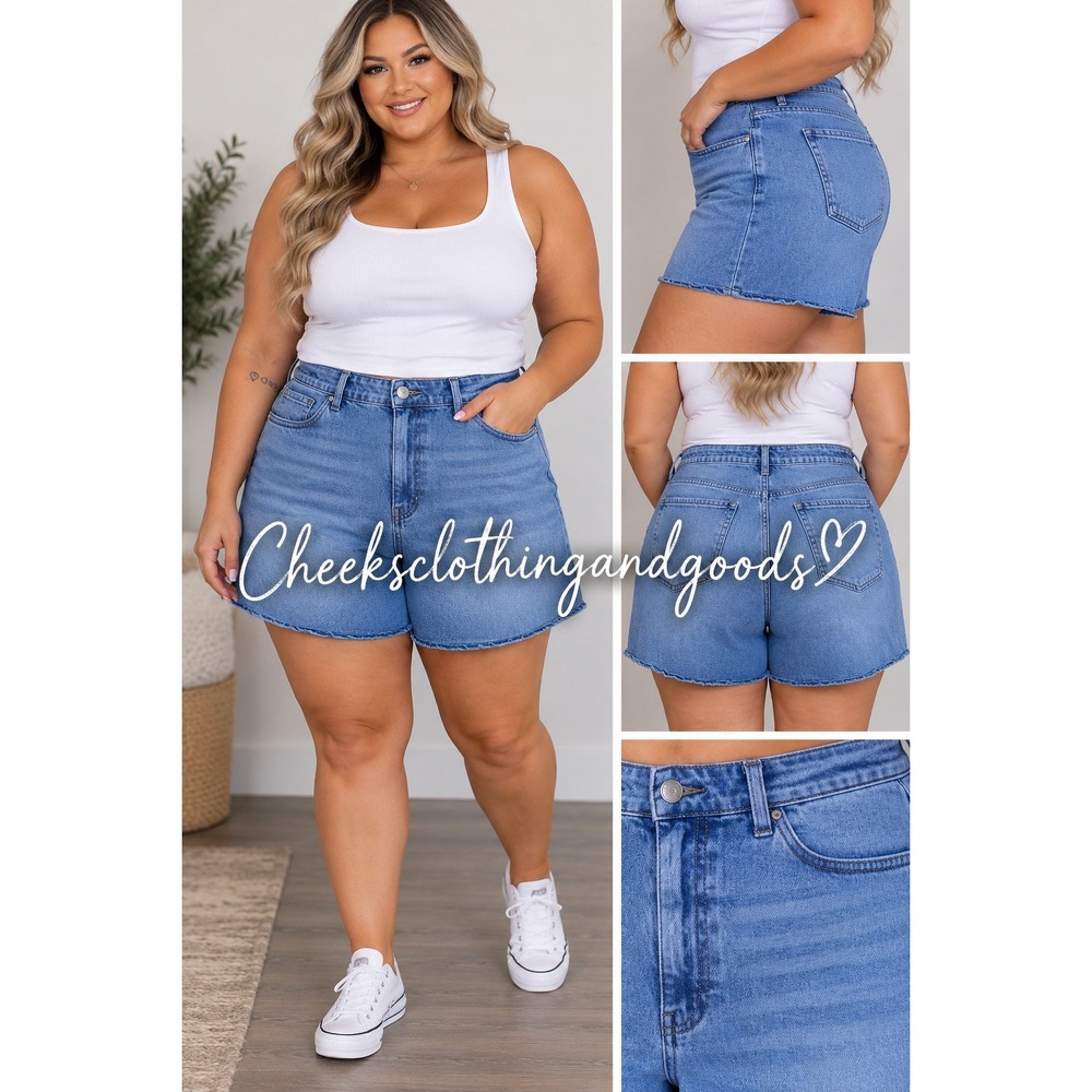 KUT from the Kloth Jane High Rise Shorts Medium Wash Raw Hem Plus Size 18
